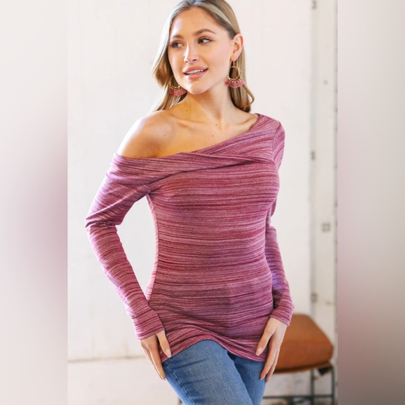 Burgundy Two Tone Hacci One Shoulder Top - Picture 1 of 7